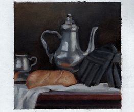 Page 63 The gloves are on the table at home near the silver teapot and